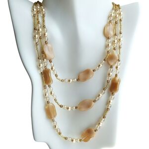 Vintage Czech beaded Three strand Necklace Caramels with Pearls